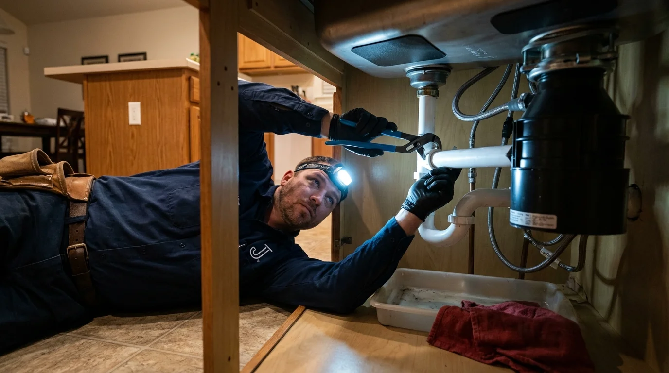 P-trap and supply line connections under a kitchen sink showing a common leak point in Walker, MN
